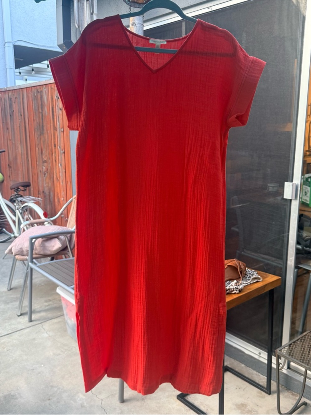 Vibrant Orange Red V-Neck Cotton Shift Dress